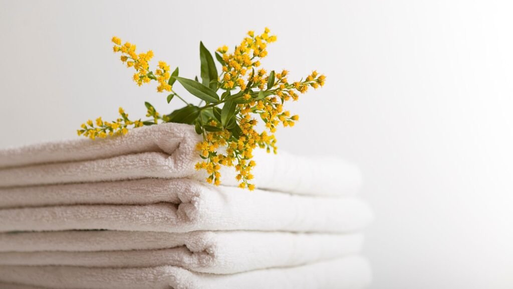 A stack of bathroom towels with yellow flowers