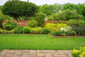 A vibrant garden in Dubai showcasing a variety of native plants, flowers, and a well-maintained lawn.